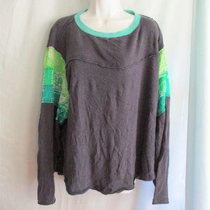 NEW WE THE FREE PEOPLE Long Sleeve Tee 100% Cotton S Blue Green BOHO Patch